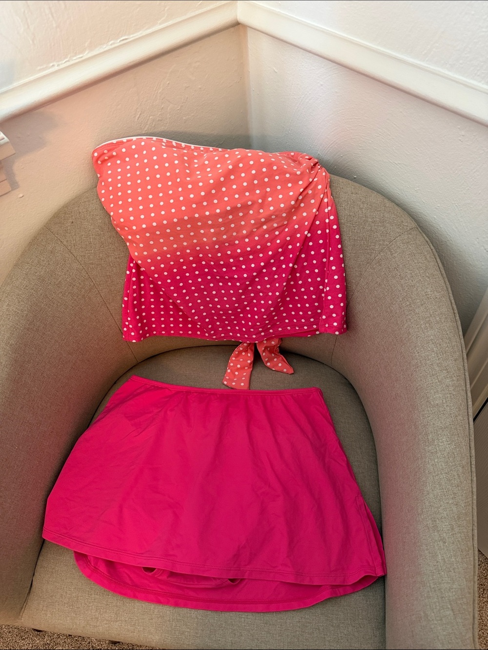 Beach House Pink Ombre Polka Dot Bandeau & Hot Pink Swim Skirt Set